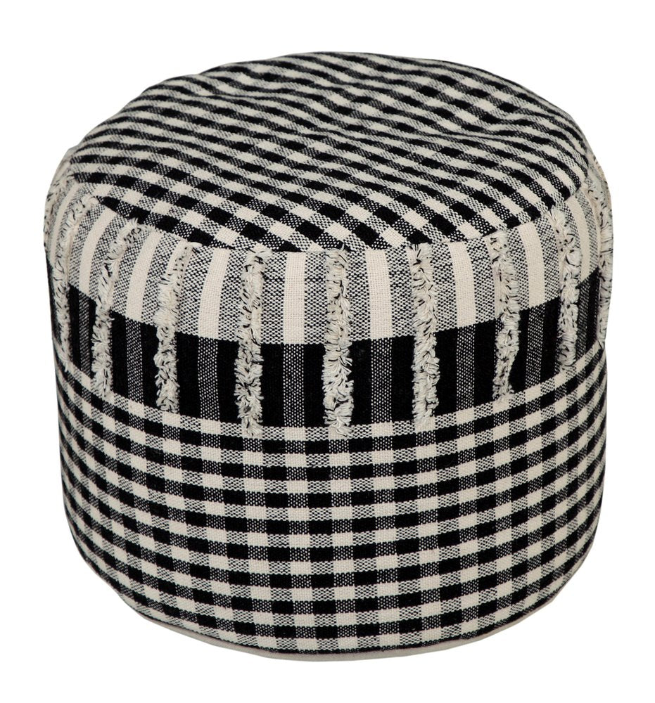 18" Black Cotton Cylinder Plaid Pouf Ottoman