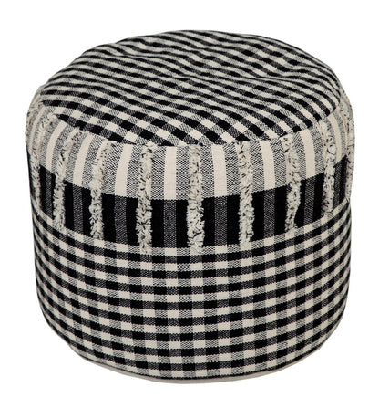 18" Black Cotton Cylinder Plaid Pouf Ottoman