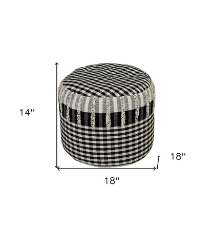 18" Black Cotton Cylinder Plaid Pouf Ottoman
