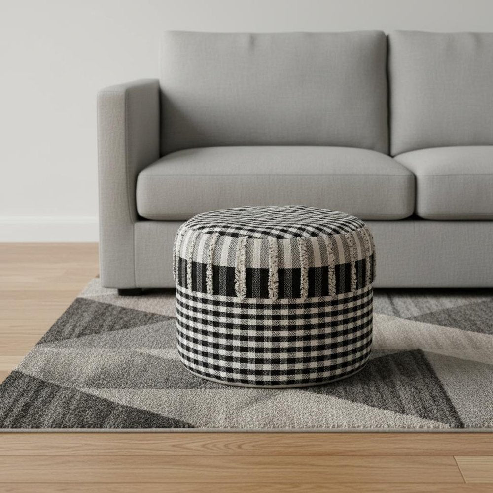 18" Black Cotton Cylinder Plaid Pouf Ottoman