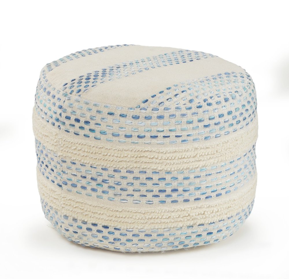 18" Natural And Ivory Cotton Blend Round Striped Pouf Ottoman