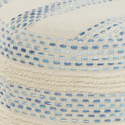 18" Natural And Ivory Cotton Blend Round Striped Pouf Ottoman