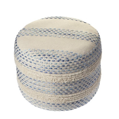 18" Natural And Ivory Cotton Blend Round Striped Pouf Ottoman