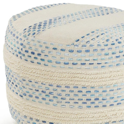 18" Natural And Ivory Cotton Blend Round Striped Pouf Ottoman