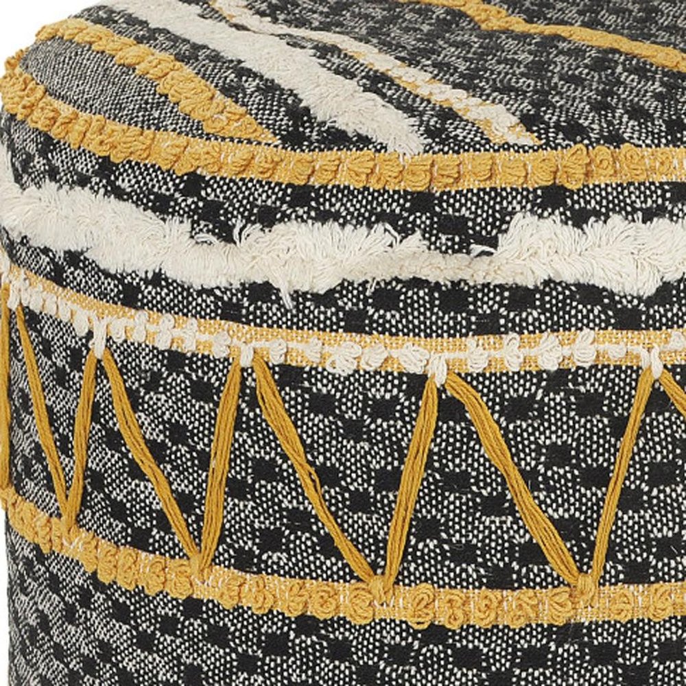 18" Black Cotton Striped Cylinder Pouf Ottoman
