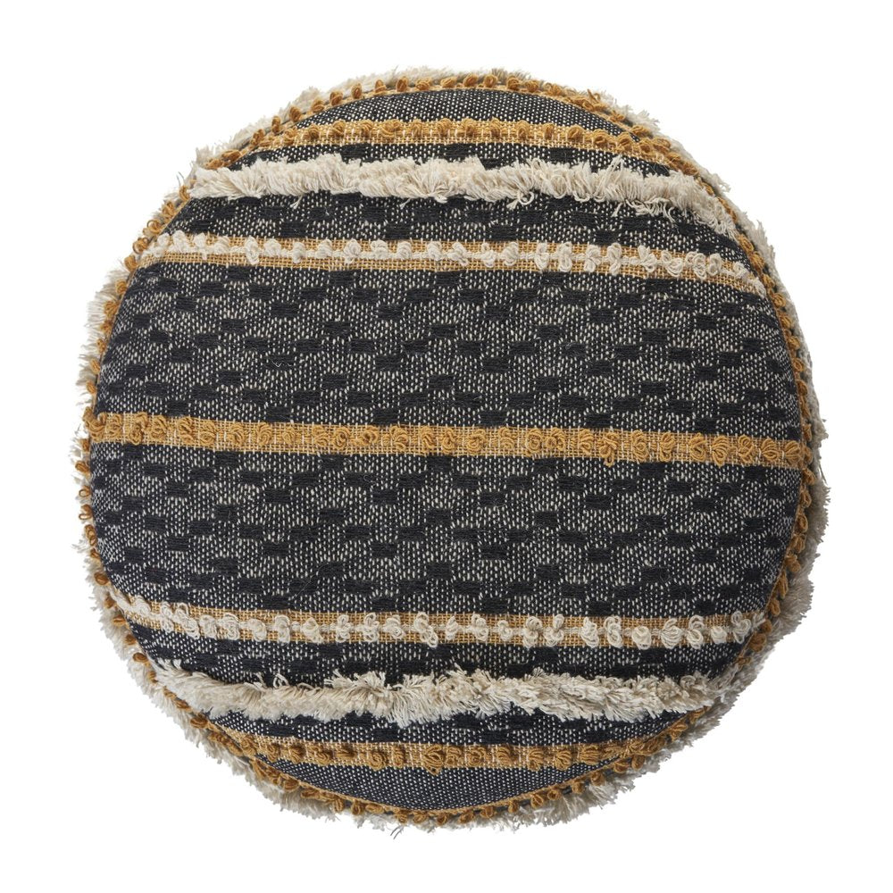 18" Black Cotton Striped Cylinder Pouf Ottoman