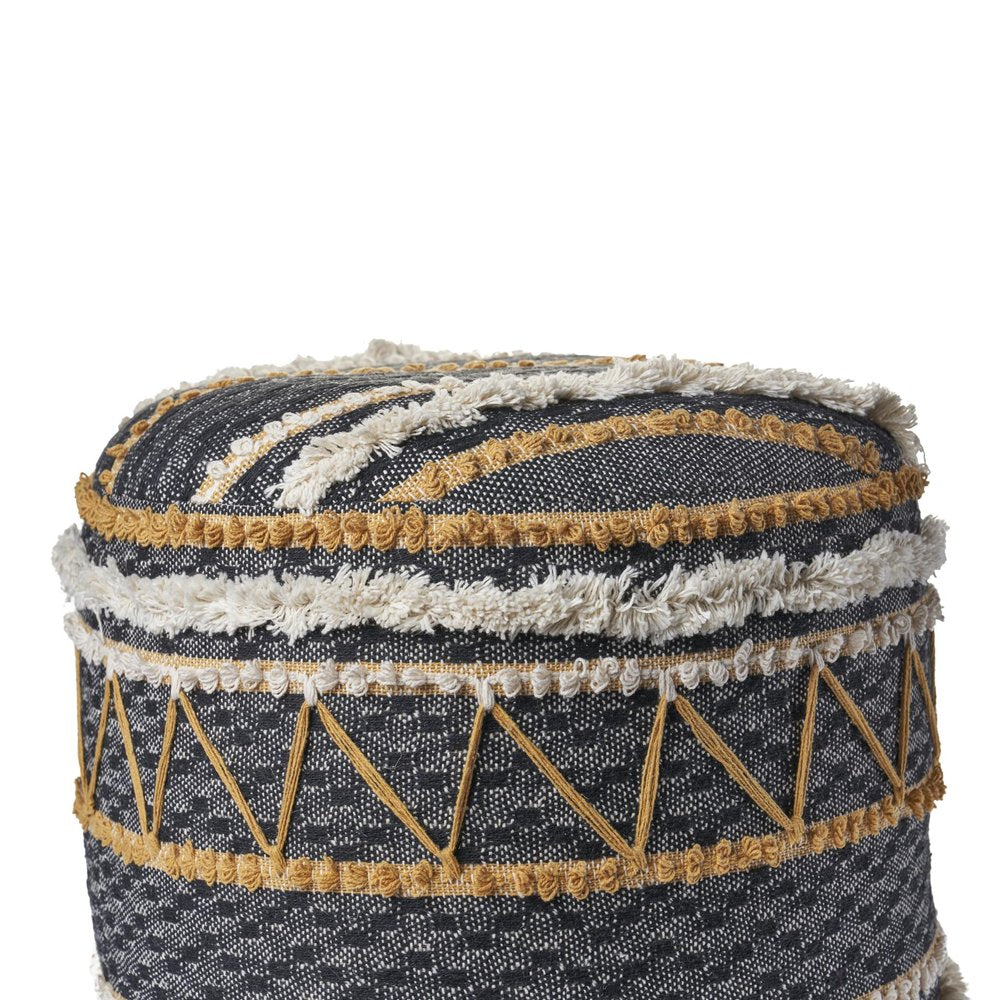 18" Black Cotton Striped Cylinder Pouf Ottoman