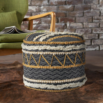 18" Black Cotton Striped Cylinder Pouf Ottoman