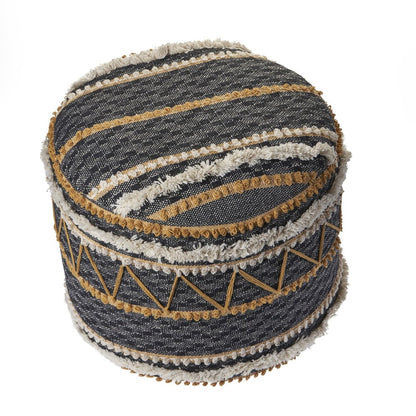 18" Black Cotton Striped Cylinder Pouf Ottoman