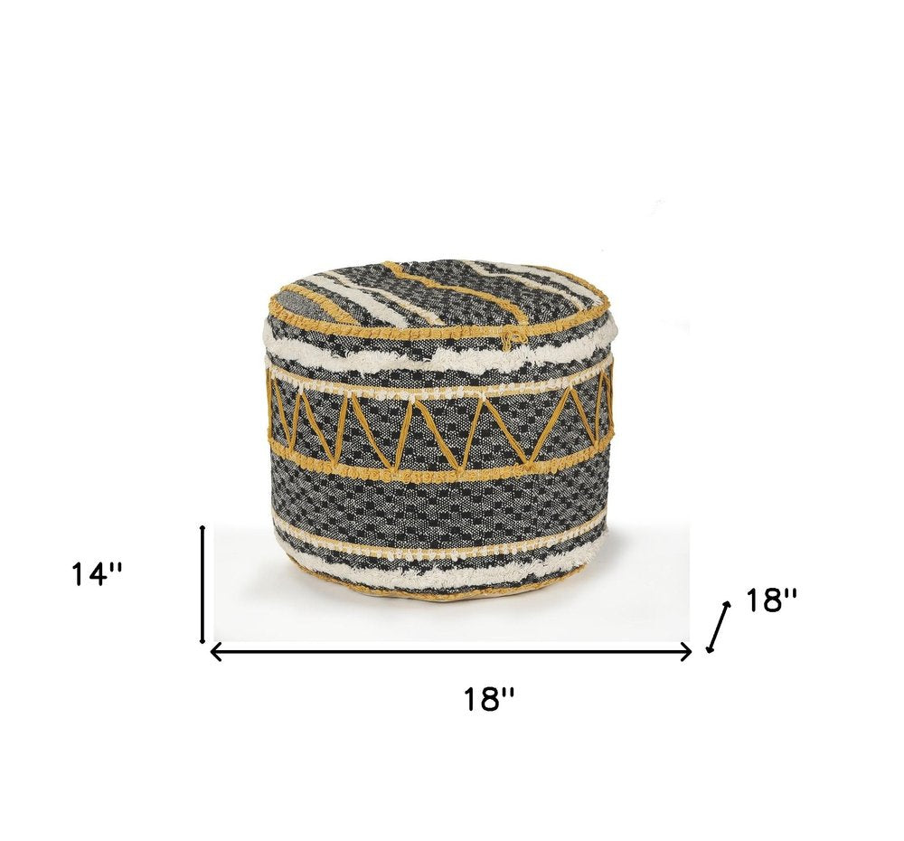 18" Black Cotton Cylinder Striped Pouf Ottoman