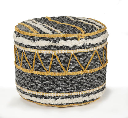 18" Black Cotton Striped Cylinder Pouf Ottoman