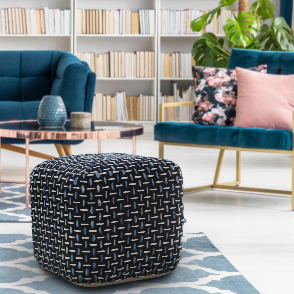 16" Black Upholstery Geometric Pouf Ottoman