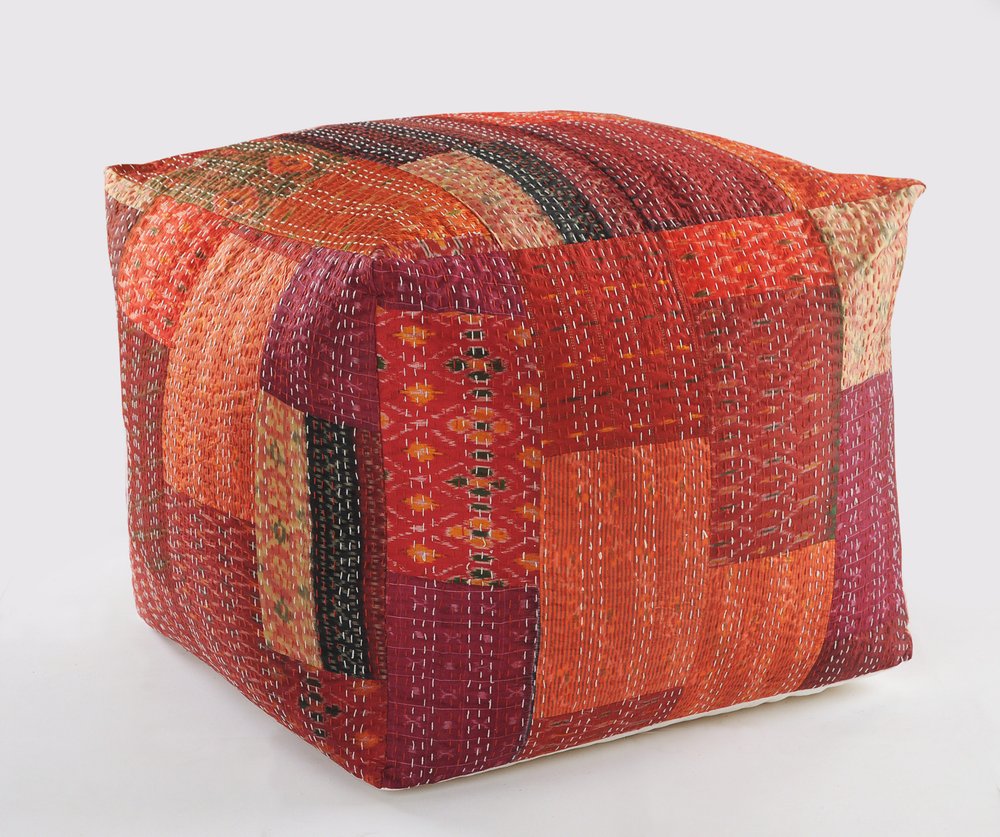 24" Red Patchwork Pouf Ottoman