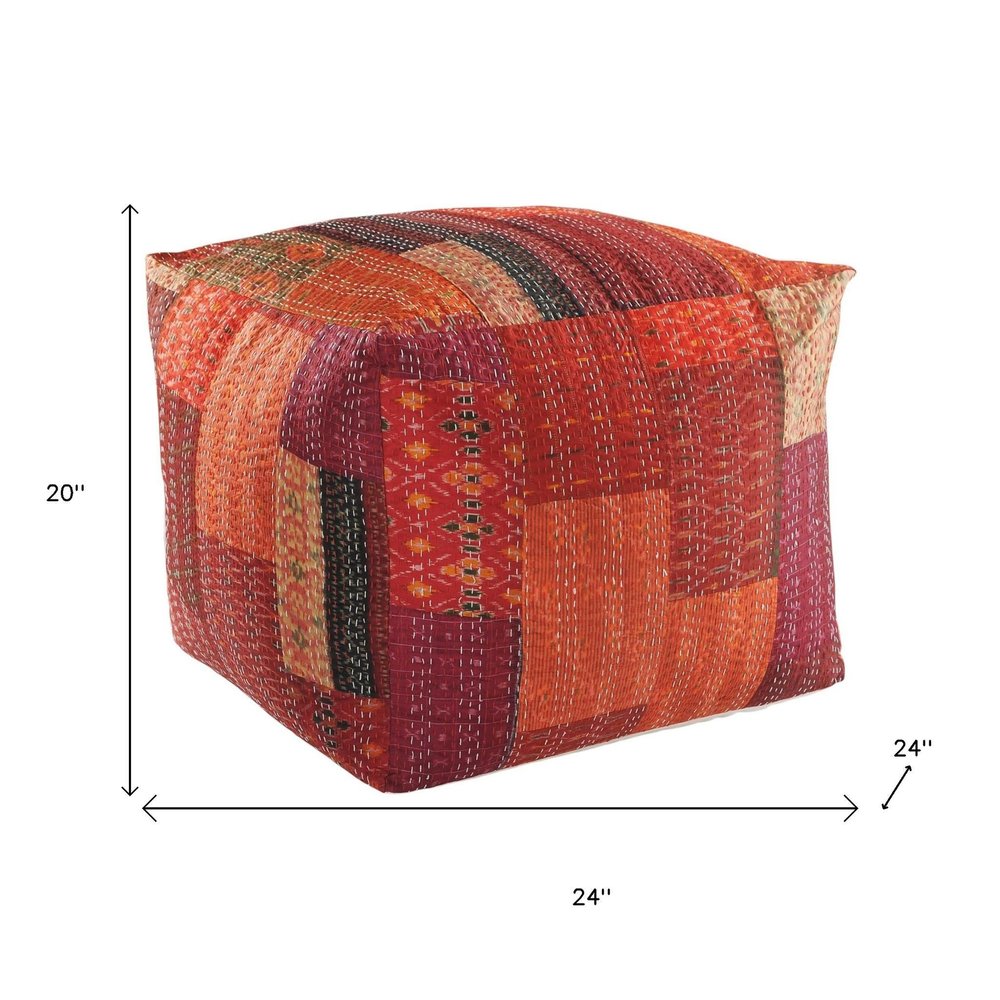 48" Cream Cotton Patchwork Pouf Ottoman