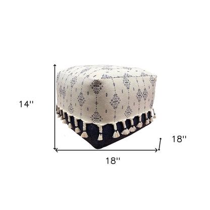 18" Natural And Navy Blue Cotton Medallion Pouf Ottoman