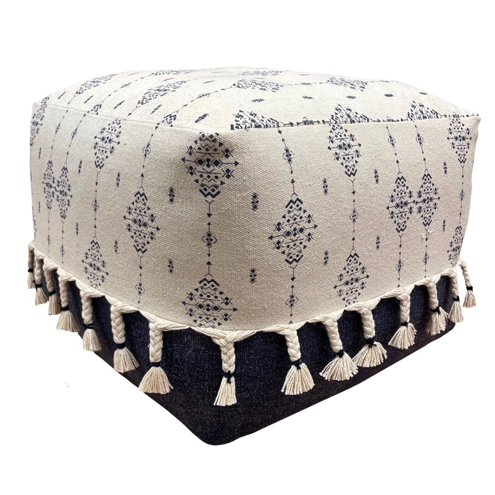 18" Natural And Navy Blue Cotton Medallion Pouf Ottoman
