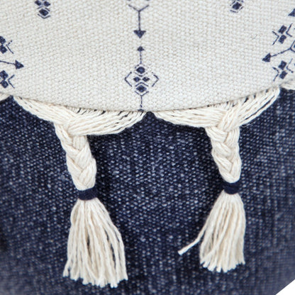 18" Natural And Navy Blue Cotton Medallion Pouf Ottoman
