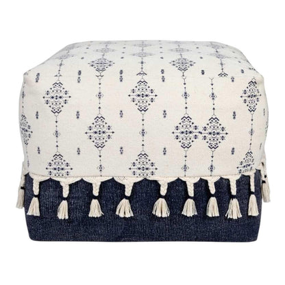 18" Natural And Navy Blue Cotton Medallion Pouf Ottoman