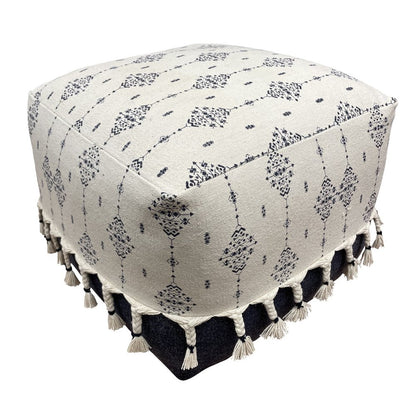 18" Natural And Navy Blue Cotton Medallion Pouf Ottoman