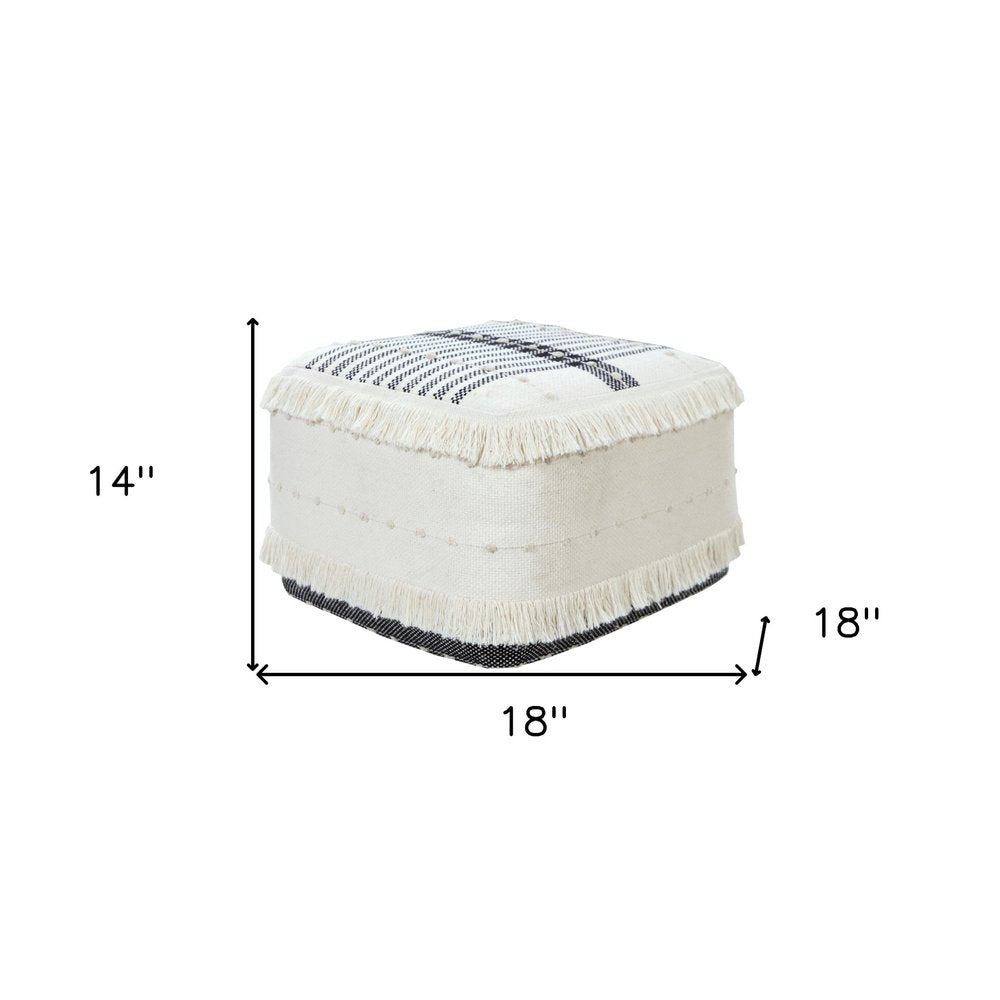 18" White Cotton Striped Pouf Ottoman