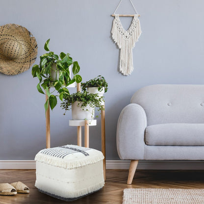 18" White Cotton Striped Pouf Ottoman