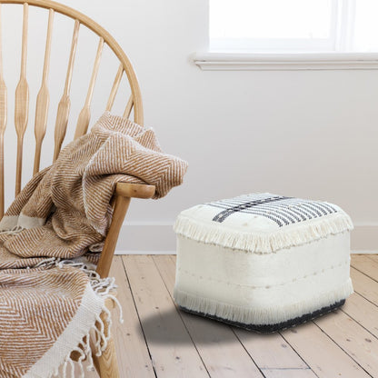 18" White Cotton Striped Pouf Ottoman