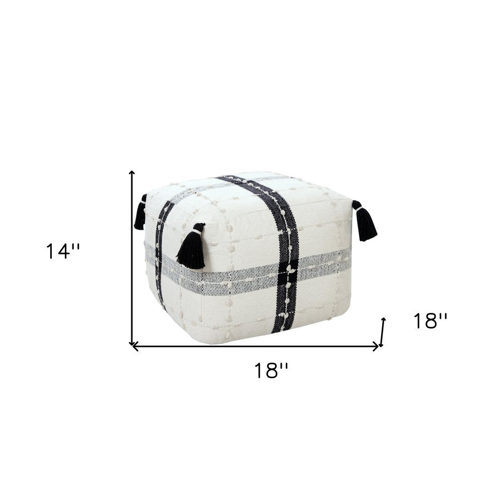 18" Black Cotton Striped Pouf Ottoman
