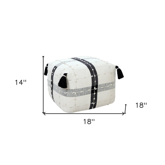 18" Black Cotton Striped Pouf Ottoman