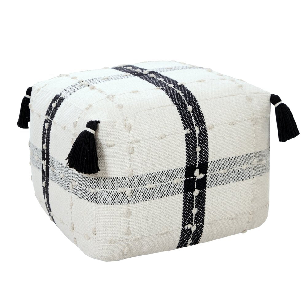 18" Black Cotton Striped Pouf Ottoman