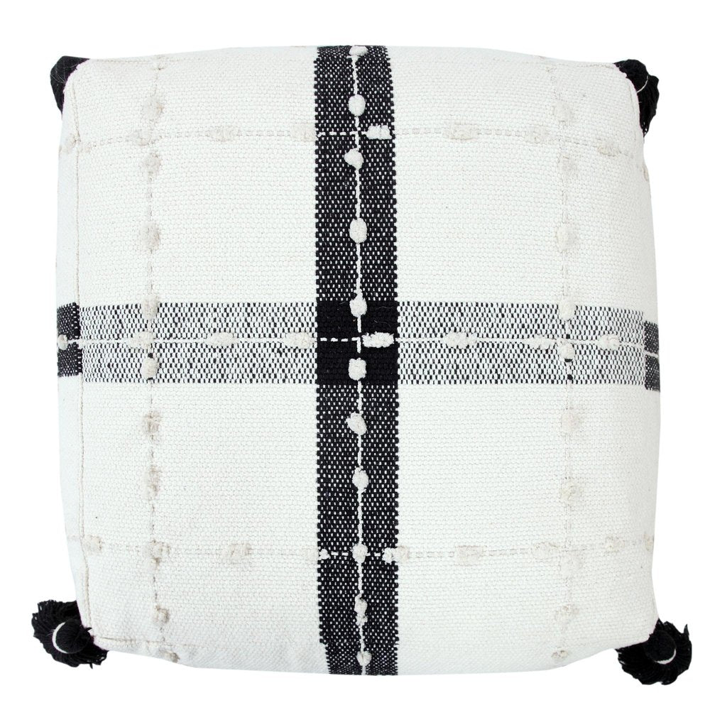 18" Black Cotton Striped Pouf Ottoman