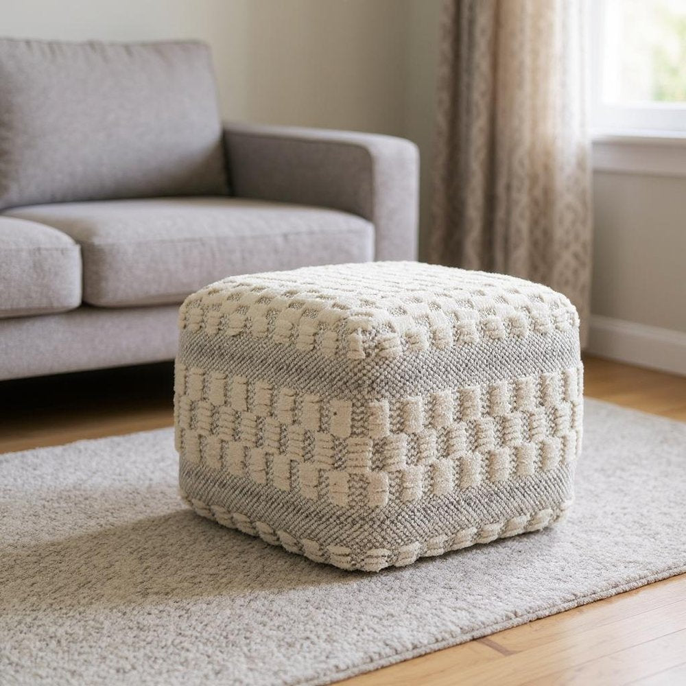 18" Beige Geometric Pouf Ottoman