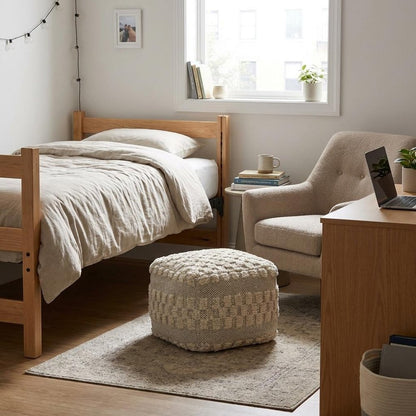 18" Beige Geometric Pouf Ottoman