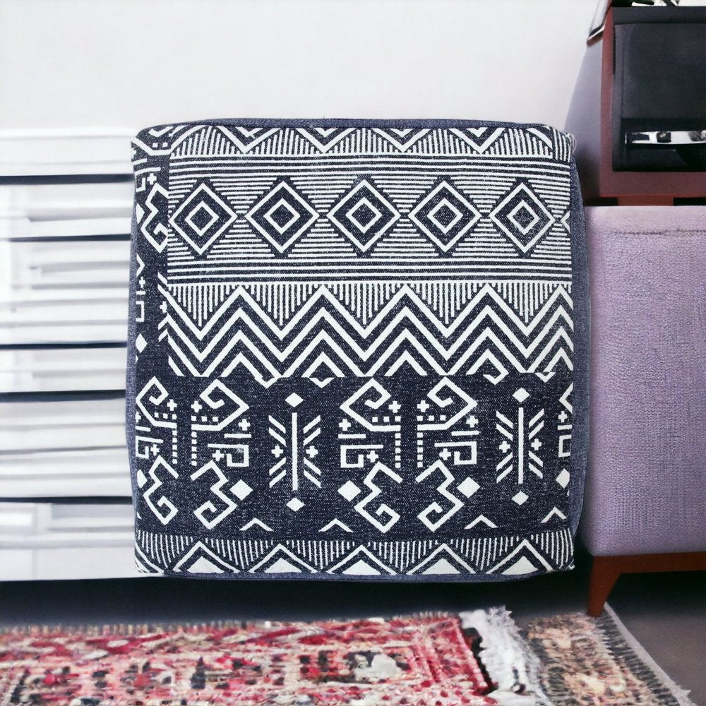 18" Blue Cotton Geometric Pouf Ottoman