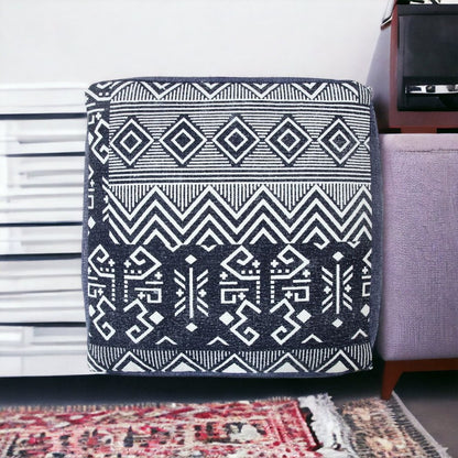 18" Blue Cotton Geometric Pouf Ottoman