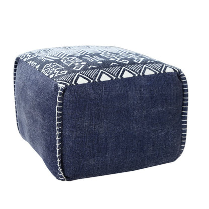 18" Blue Cotton Geometric Pouf Ottoman