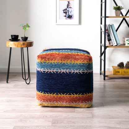 18" Blue And Orange Polyester Blend Striped Pouf Ottoman