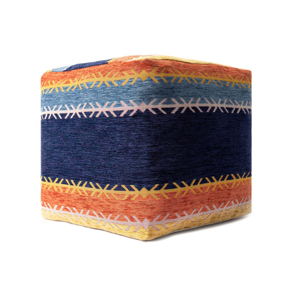 18" Blue And Orange Polyester Blend Striped Pouf Ottoman