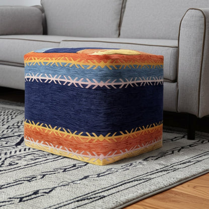 18" Blue And Orange Polyester Blend Striped Pouf Ottoman