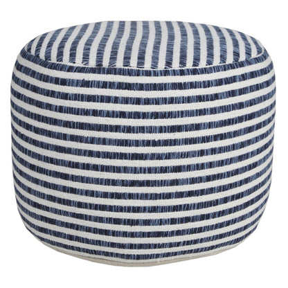 18" Blue Cotton Cylinder Striped Pouf Ottoman
