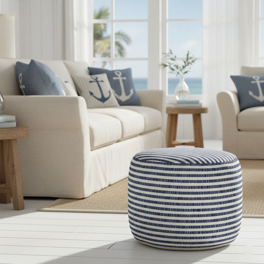 18" Blue and White Cotton Striped Cylinder Pouf Ottoman