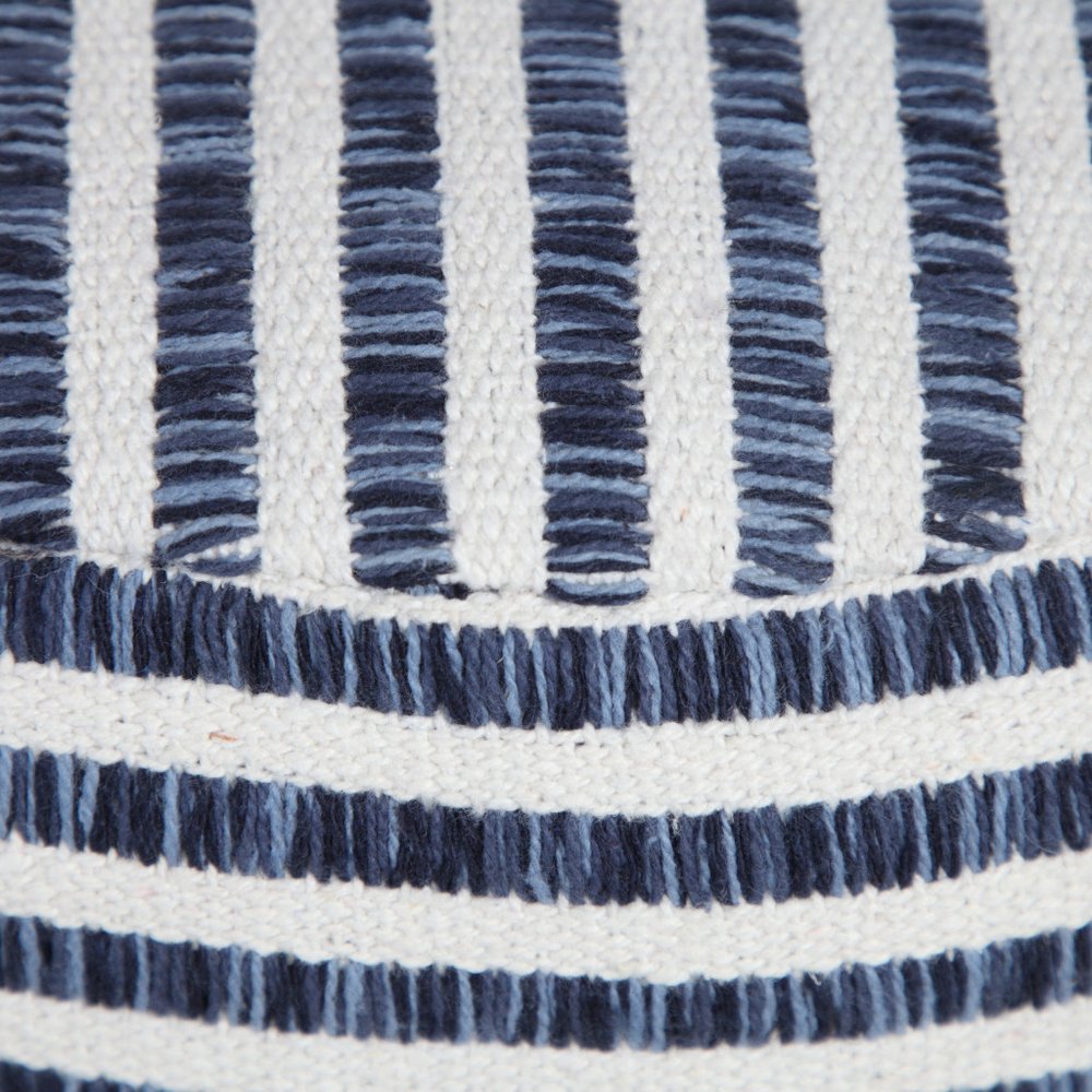 18" Blue Cotton Cylinder Striped Pouf Ottoman