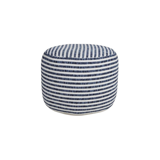 18" Blue and White Cotton Striped Cylinder Pouf Ottoman