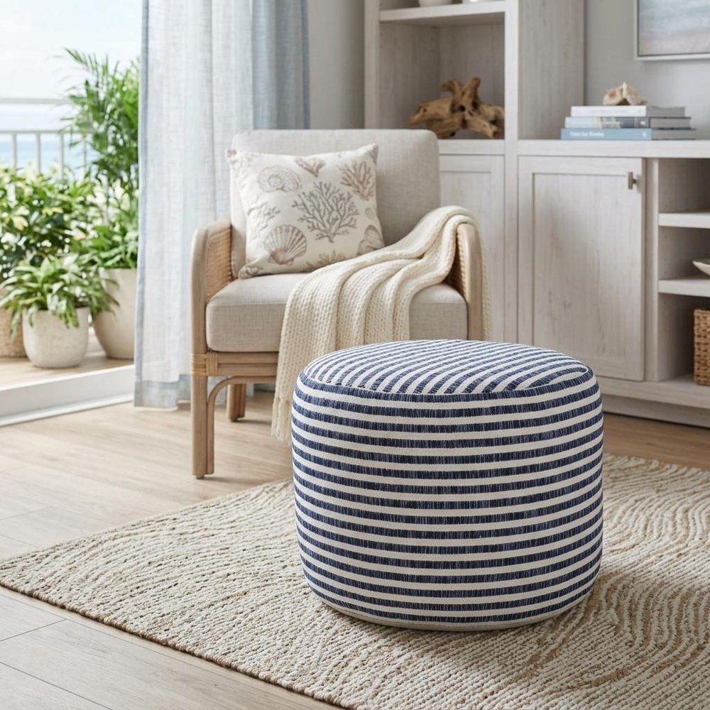 18" Blue and White Cotton Striped Cylinder Pouf Ottoman