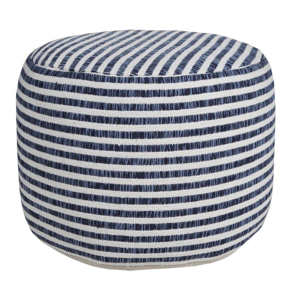 18" Blue Cotton Cylinder Striped Pouf Ottoman