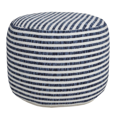 18" Blue Cotton Cylinder Striped Pouf Ottoman