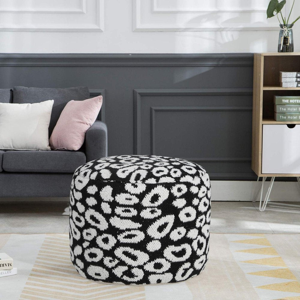 18" Black Abstract Cylinder Pouf Ottoman