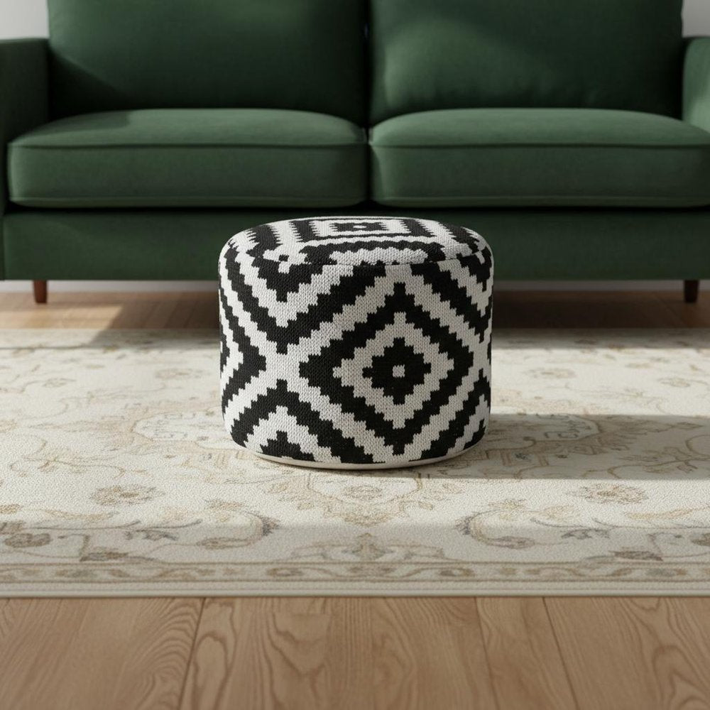 18" Black Geometric Cylinder Pouf Ottoman