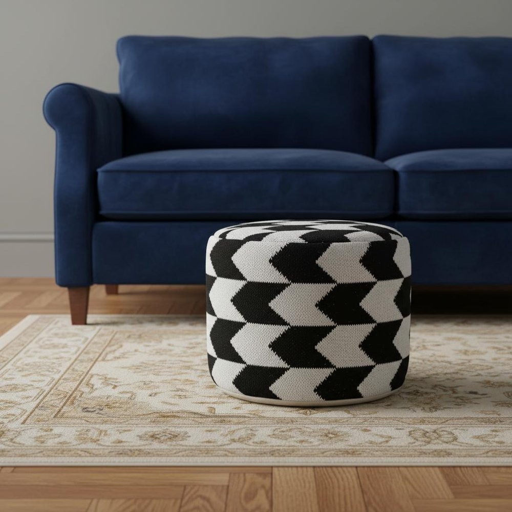 18" Black Chevron Cylinder Pouf Ottoman