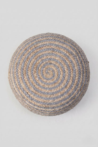 20" Blue Cotton Blend Round Striped Pouf Ottoman