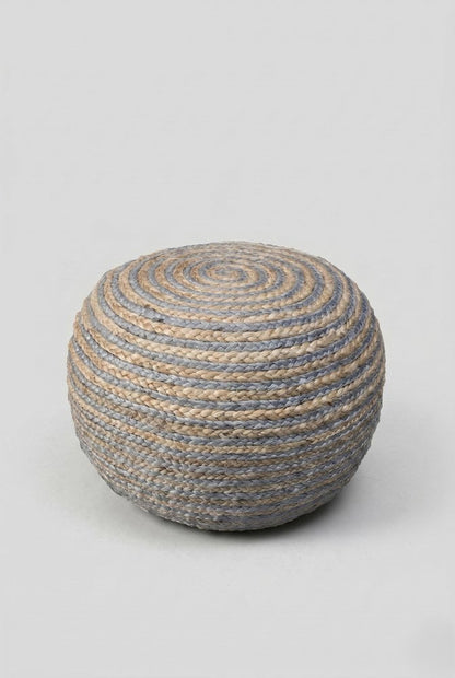 20" Blue Cotton Blend Round Striped Pouf Ottoman